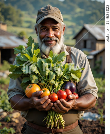 Bountiful harvest: joyful farmer holding fresh vegetables and fruits in rustic garden setting 124628822