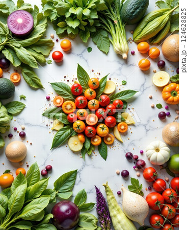 Colorful fresh produce artfully arranged on marble for healthy eating inspiration and kitchen decor 124628825