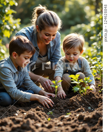 Family gardening fun: mother and sons bonding in nature's classroom Family gardening fun: mother and sons bonding in nature's classroom 124628848