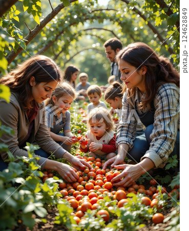 Family harvesting fresh tomatoes in sunlit garden tunnel - bonding through community gardening experience Family harvesting fresh tomatoes in sunlit garden tunnel - bonding through community gardening experience 124628849
