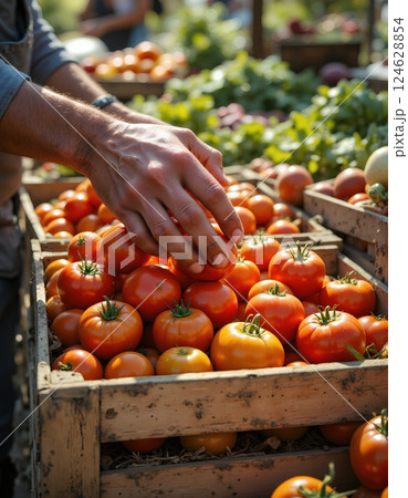 Fresh organic farmers market tomatoes in rustic wooden crates - vibrant harvest selection for healthy culinary creations 124628854