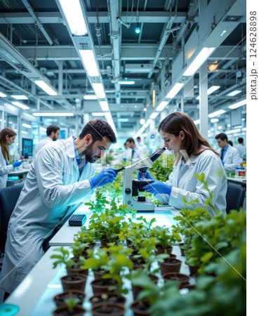 Modern agricultural innovation: scientists analyzing plant growth in high-tech laboratory environment 124628898