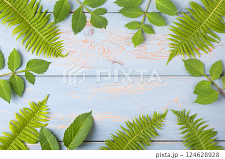 Green leaves fern and dahlias on a blue wooden background. Creative layout made of leaves with place for your text . Flat lay. Nature concept 124628928