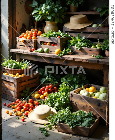 Rustic harvest display with fresh vegetables and herbs in wooden crates for farm-to-table inspiration Rustic harvest display with fresh vegetables and herbs in wooden crates for farm-to-table inspiration 124629081