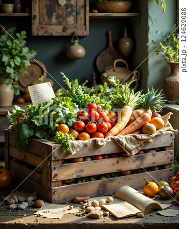 Rustic kitchen scene with fresh vegetables in wooden crate for farmhouse decor inspiration 124629088