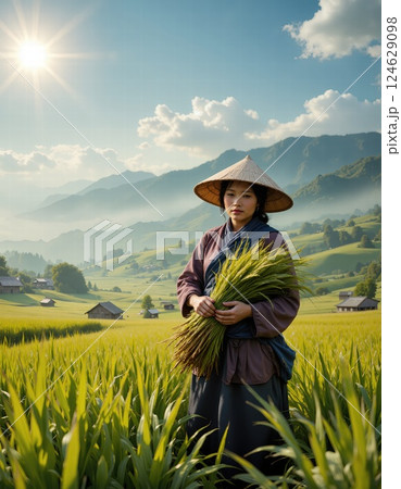 Serene rural harvest: woman in traditional attire holding fresh crops in sunlit countryside 124629098
