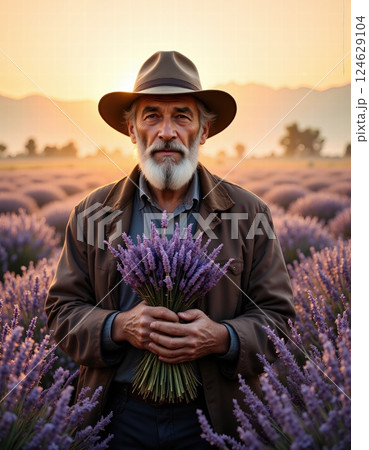 Serene sunset: elderly farmer with lavender bouquet in blooming field Serene sunset: elderly farmer with lavender bouquet in blooming field 124629104