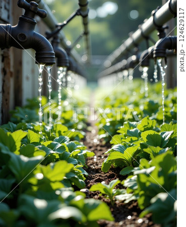 Sustainable agriculture: efficient irrigation system nurturing lush green crops in a sunlit organic farm 124629117