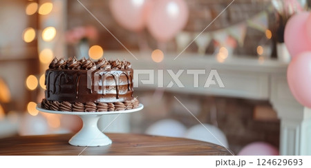 Chocolate cake on white pedestal surrounded by soft lights and pink balloons in festive setting for party, holiday background with copy space 124629693