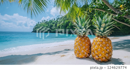 Two ripe pineapples on the beach with clear water, palm trees and lush foliage in landscape during sunny day, summer background with copy space Two ripe pineapples on the beach with clear water, palm trees and lush foliage in landscape during sunny day, summer background with copy space 124629774