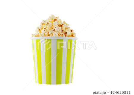 Delicious popcorn, classic box, classic paper cup with Yellow stripe, isolated on white background Delicious popcorn, classic box, classic paper cup with Yellow stripe, isolated on white background 124629811