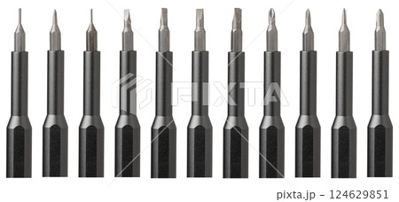 set screwdriver with different bits sizes on isolated or white background set screwdriver with different bits sizes on isolated or white background 124629851