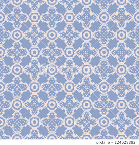 Crochet knitting flowers, crafts embroidery seamless pattern. Lattice lace ornamental background. 124629882