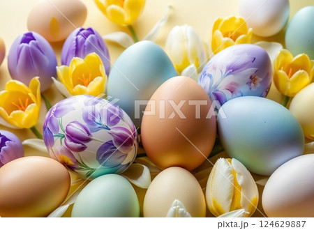 Bright crocus buds and transparent Easter egg on a pastel background 124629887