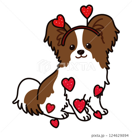 バレンタイン仕様のパピヨンのイラスト　主線あり 124629894