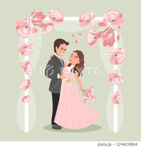 Bride and groom on the background of open doors with flowers, happy newlyweds. Family concept. Wedding illustration Bride and groom on the background of open doors with flowers, happy newlyweds. Family concept. Wedding illustration 124629904