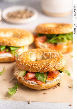 Bagel sandwich with salmon Bagel sandwich with salmon 124629942