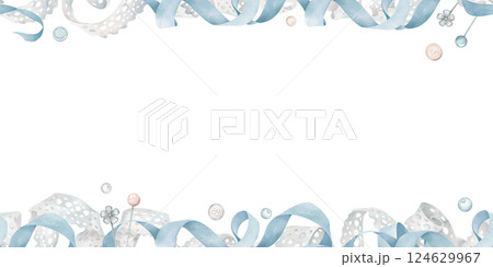 Seamless border with sewing accessories in soft colors. White crochet lace, blue curly ribbon, buttons, beads in watercolor style. Delicate background for design and decoration. Seamless border with sewing accessories in soft colors. White crochet lace, blue curly ribbon, buttons, beads in watercolor style. Delicate background for design and decoration. 124629967