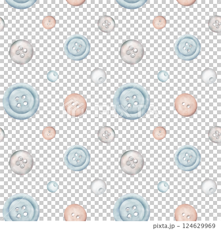 Sewing buttons seamless pattern. Blue plastic and wooden buttons and beads, needlework accessories in watercolor style. Hand painted illustration for fabric, wallpaper, fashion, decoration. Sewing buttons seamless pattern. Blue plastic and wooden buttons and beads, needlework accessories in watercolor style. Hand painted illustration for fabric, wallpaper, fashion, decoration. 124629969