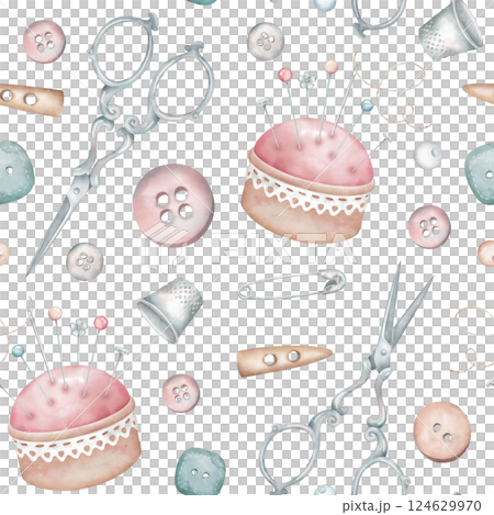 Sewing accessories seamless pattern. Scissors, pincushion, buttons, thimble and different tailor tools in watercolor style. Hand painted illustration for fabric, wallpaper, fashion, decoration. 124629970