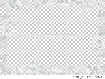 White crochet lace horizontal frame. Decorative twisting ribbon composition in watercolor style. Sewing accessory clipart for greeting card design, wedding invitation 124629971