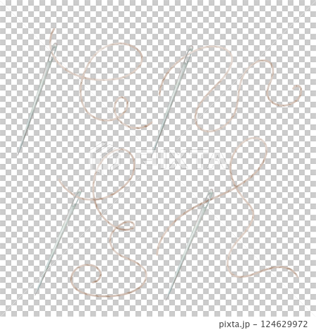 Sewing needle with a thread in four different versions. Hand drawn sewing tools in watercolor style.  Set of embroidery graphic elements for design. 124629972