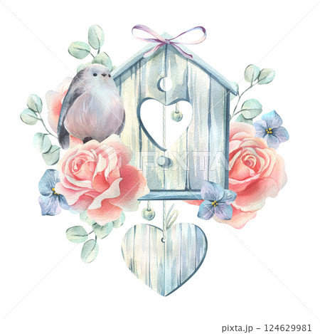 Wooden birdhouse with tit bird, roses and hydrangea, eucalyptus, bow and hanging heart. Hand-drawn watercolor illustration in pastel colors. Spring arrangement isolated from background 124629981