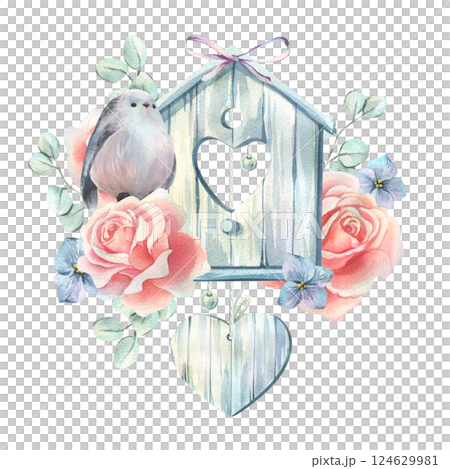 Wooden birdhouse with tit bird, roses and hydrangea, eucalyptus, bow and hanging heart. Hand-drawn watercolor illustration in pastel colors. Spring arrangement isolated from background 124629981
