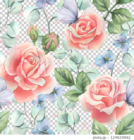 Pink roses with leaves and buds with hydrangea and eucalyptus, butterflies and paint splashes. Watercolor illustration hand drawn in soft pastel colors. Seamless pattern infinitely repeating ornament 124629982