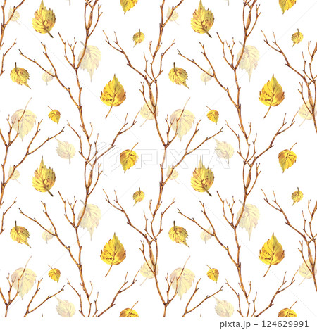 Autumn tree branches, trees, brown with falling yellow birch leaves, autumn forest, park, garden. Watercolor hand drawn illustration. Seamless pattern on white background. 124629991
