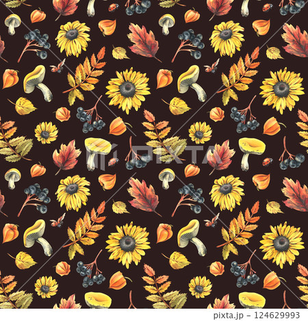 Autumn berries physalis, chokeberry, rowan leaves, maple, birch, russula mushrooms, rudbeckia flowers, tree branches and ladybugs. Watercolor illustrations. Seamless pattern on dark background 124629993