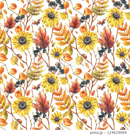 Autumn berries physalis, chokeberry, rowan leaves, maple, birch, rudbeckia flowers tree branches and ladybugs. Watercolor illustrations. Seamless pattern on a white background 124629994