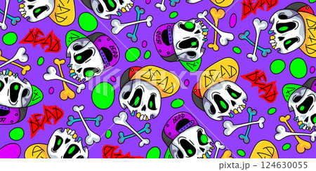 Cute cartoon skulls in a cap pattern colorful background. Funny skulls illustration for Halloween cover design. Cool hand drawn skulls with crossbones. 124630055