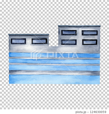 Modern factory building or warehouse facade with windows. Industrial plant watercolor isolated on white. For urban cityscape compositions of Environmental pollution designs. Background architecture Modern factory building or warehouse facade with windows. Industrial plant watercolor isolated on white. For urban cityscape compositions of Environmental pollution designs. Background architecture 124630059