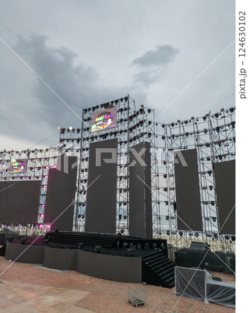 led screen installation and calibration for event stage setup, panel setup and testing for concert stage construction 124630102