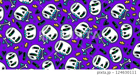 Cute cartoon skulls with crown pattern background. Funny skulls illustration for Halloween cover design 124630111