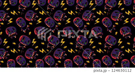 Cute cartoon skulls with crown pattern background. Funny skulls illustration for Halloween cover design 124630112