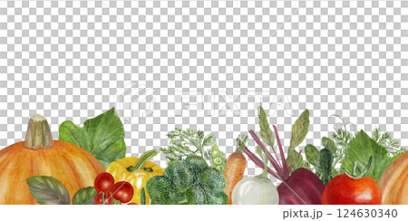 Fall vegetables harvest watercolor banner. Farm plants template with copy space for rustic farm designs. Orange pumpkin, bell pepper, and cherry tomatoes with green leaves 124630340