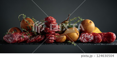 Dry-cured sausages, thyme and pears on a black background. 124630504