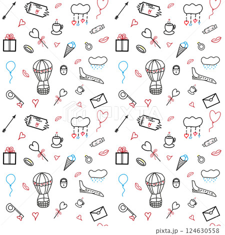 Seamless pattern with romantic and celebratory elements, including hearts, balloons, hot air balloons, cupid's arrow, lock, key, lips, coffee cup, engagement ring, ice cream, candies, and gift box 124630558