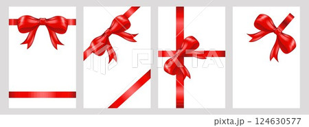 Set of gift cards with red ribbon bow, invitations, decorative red bows and ribbons for gift wrapping and design 124630577