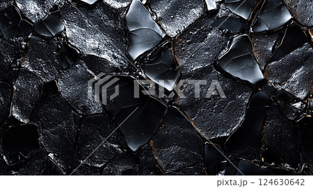 A striking close-up of obsidian reveals its glassy texture and sharp edges, creating a modern, bold feel. 124630642