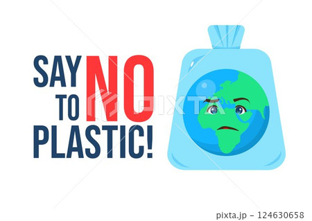 Say No To Use Plastic. Sadness cartoon globe character holding plastic bag. Global warming concept. Protest against plastic garbage. Illustration isolated on white background. Vector illustration 124630658