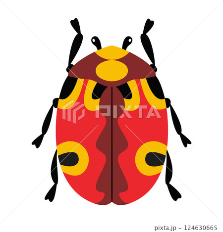 Stylized beetle with a bright red body and black spots. Hand drawn trendy flat style 124630665
