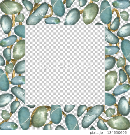 Square watercolor frame of sea stones and pebbles of gray and blue colors, twine. All objects are hand-painted with watercolors. Suitable for decorating invitations, postcards, scrapbooking. Square watercolor frame of sea stones and pebbles of gray and blue colors, twine. All objects are hand-painted with watercolors. Suitable for decorating invitations, postcards, scrapbooking. 124630696