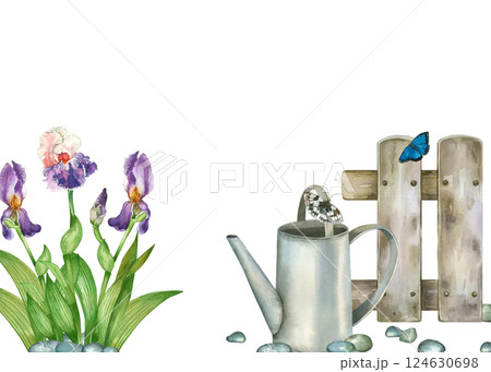 Flower arrangement, flowerbed with irises, wooden fence and metal watering can, butterflies. All objects are hand-painted with watercolors. For printing on postcards, invitations, posters. 124630698