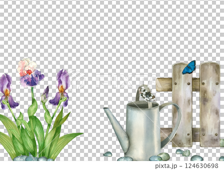 Flower arrangement, flowerbed with irises, wooden fence and metal watering can, butterflies. All objects are hand-painted with watercolors. For printing on postcards, invitations, posters. 124630698