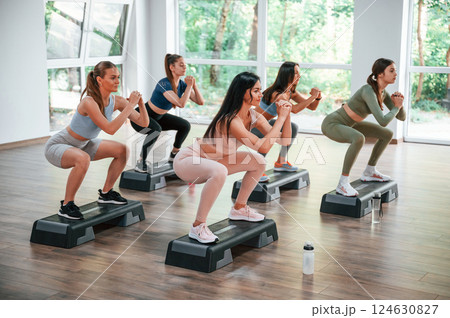 Endurance exercise. Group of women practicing fitness in the gym 124630827