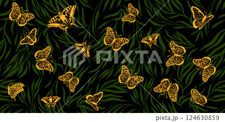 seamless background leaves with butterflies. hand drawing. Not AI, Vector illustration 124630859