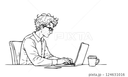 Man works laptop office. Coffee mobile phone table. Business education online freelance. Simple line side view white vector illustration Man works laptop office. Coffee mobile phone table. Business education online freelance. Simple line side view white vector illustration 124631016